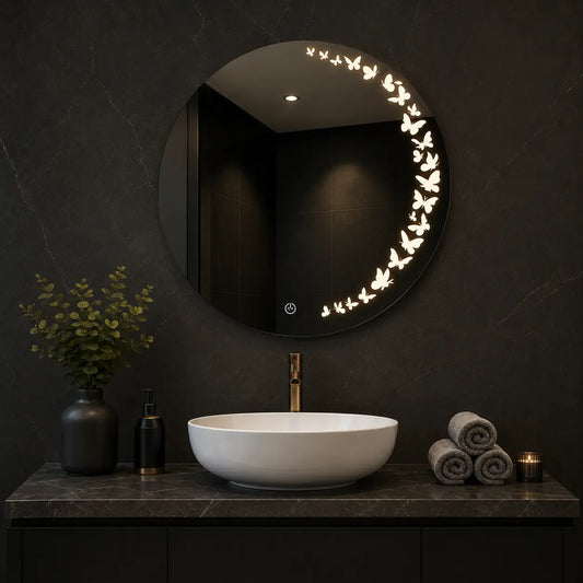 Round decorative mirror with butterfly design on a wooden wall