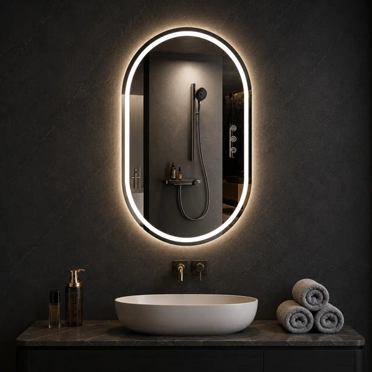 oval led wall mirror with illuminated border in modern dark bathroom