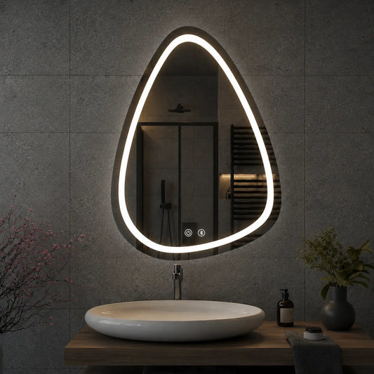 triangular led bathroom mirror with soft white light above round wash basin