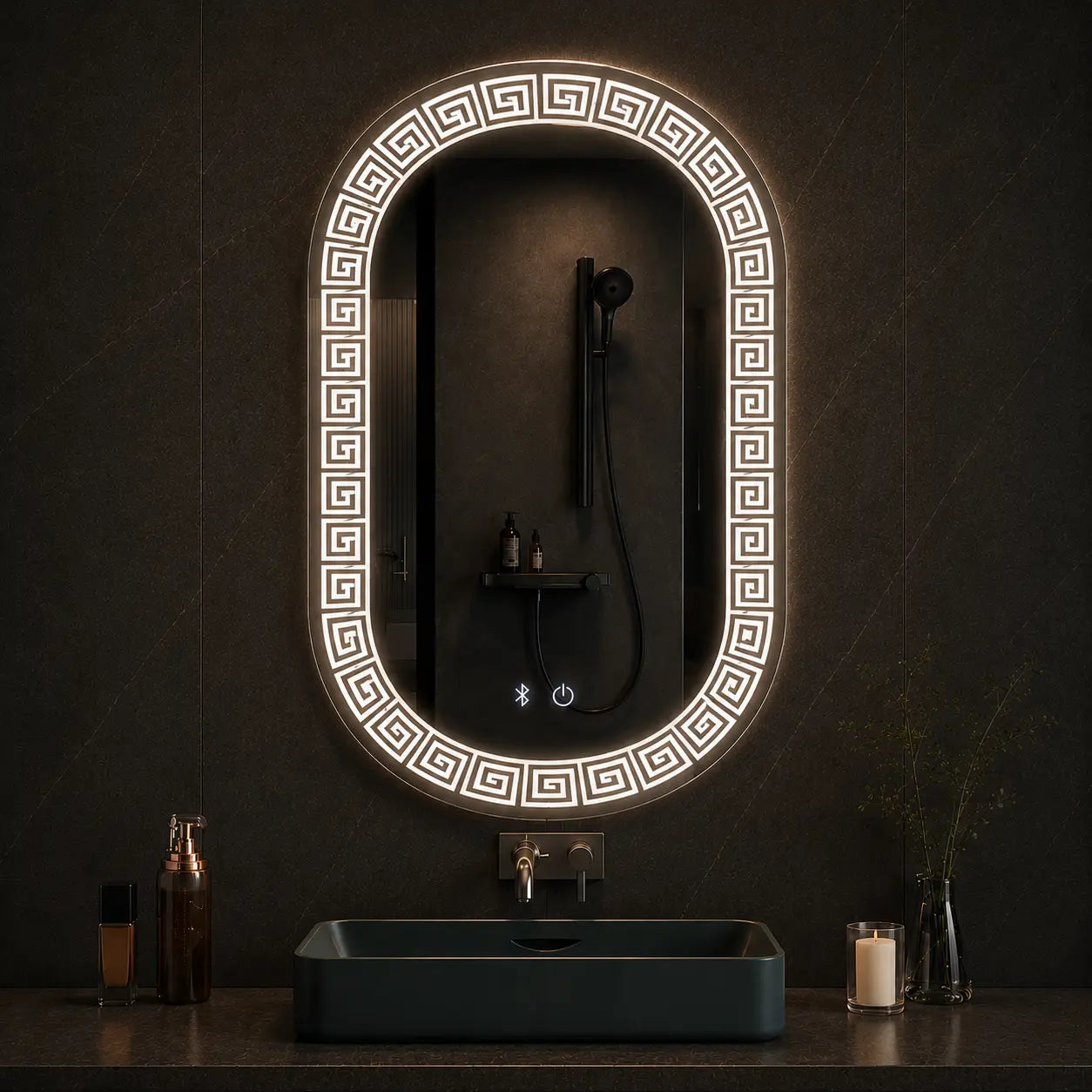 Bathroom with a illuminated mirror reflecting a shower setup.