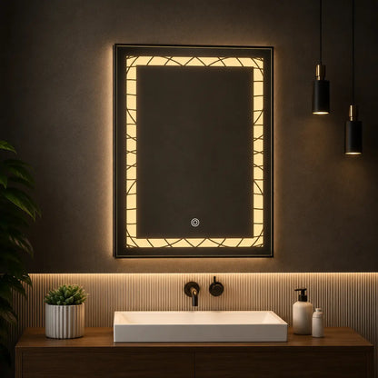 square led mirror with decorative geometric frame and vertical wall design