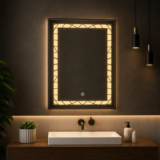 square led mirror with decorative geometric frame and vertical wall design