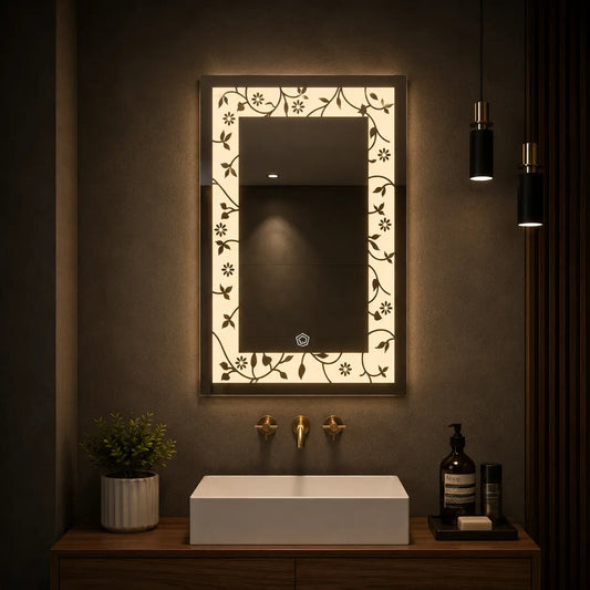 vanity mirror light with decorative led floral frame design