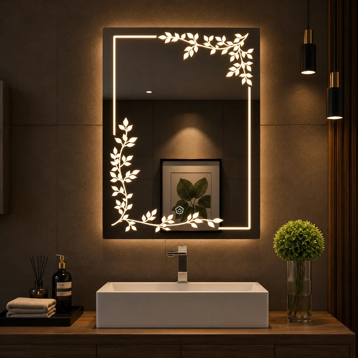 lighted vanity mirror with floral led corner design and rectangular wall shape