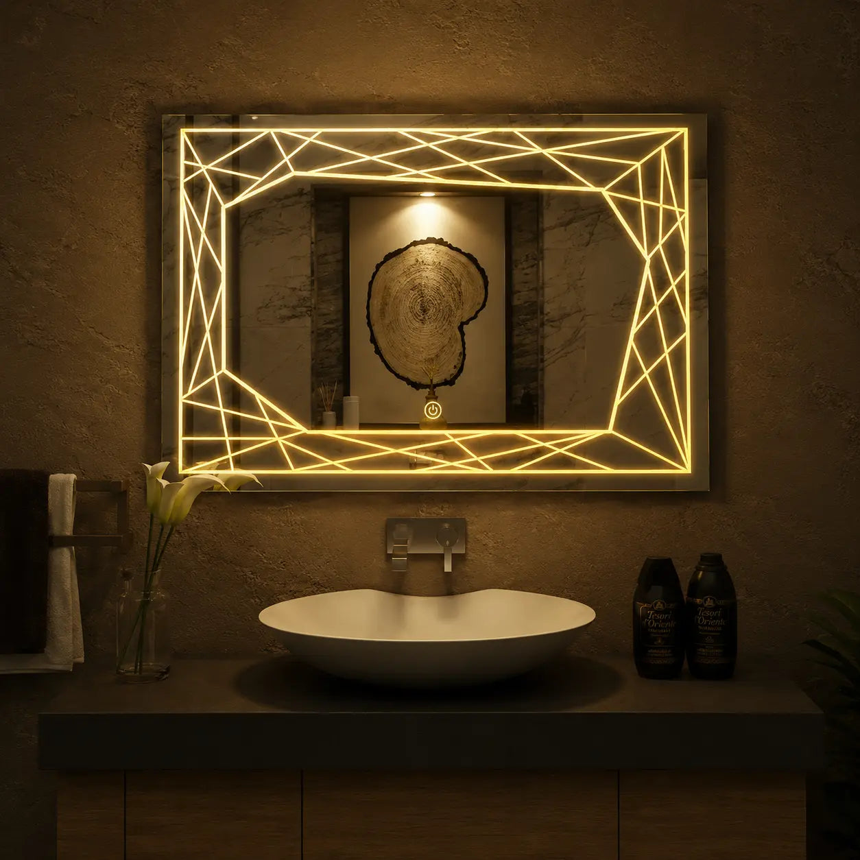 lighted bathroom mirror with rectangular led frame and touch light design