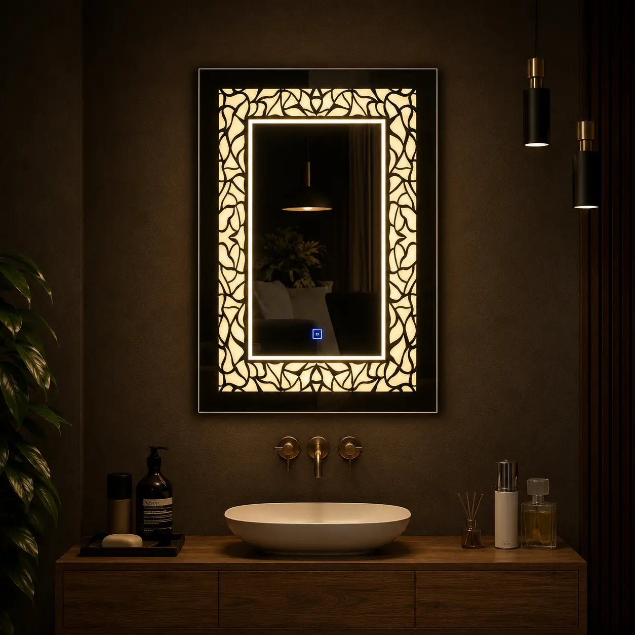 mirror vanity lights with decorative led frame and vertical design