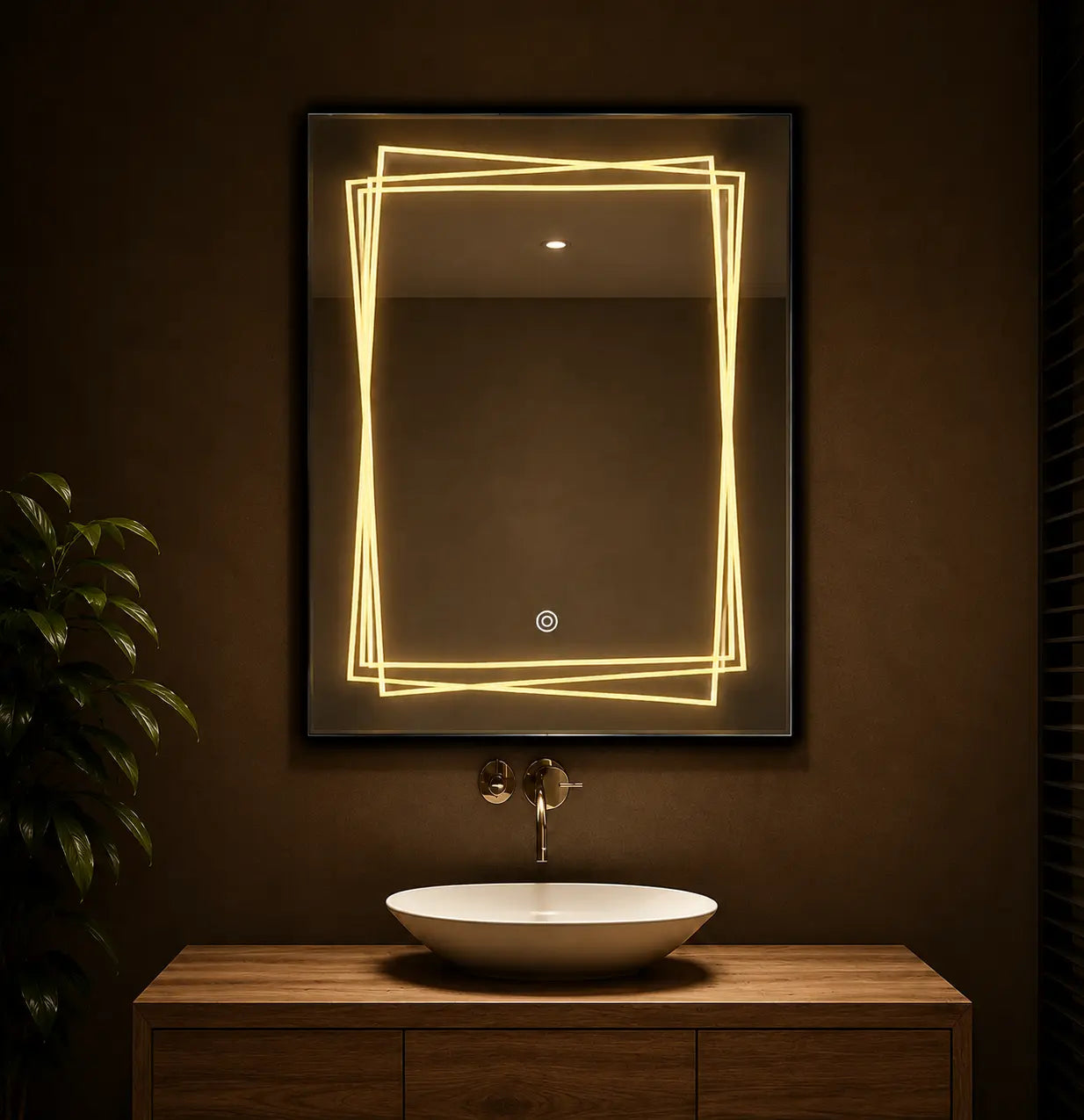 artistic mirror with abstract layered led frame and vertical wall design