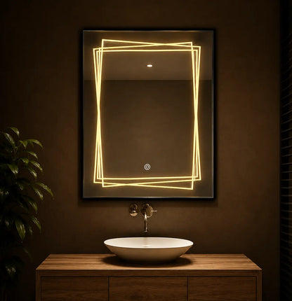 artistic mirror with abstract layered led frame and vertical wall design