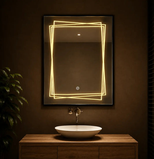 artistic mirror with abstract layered led frame and vertical wall design
