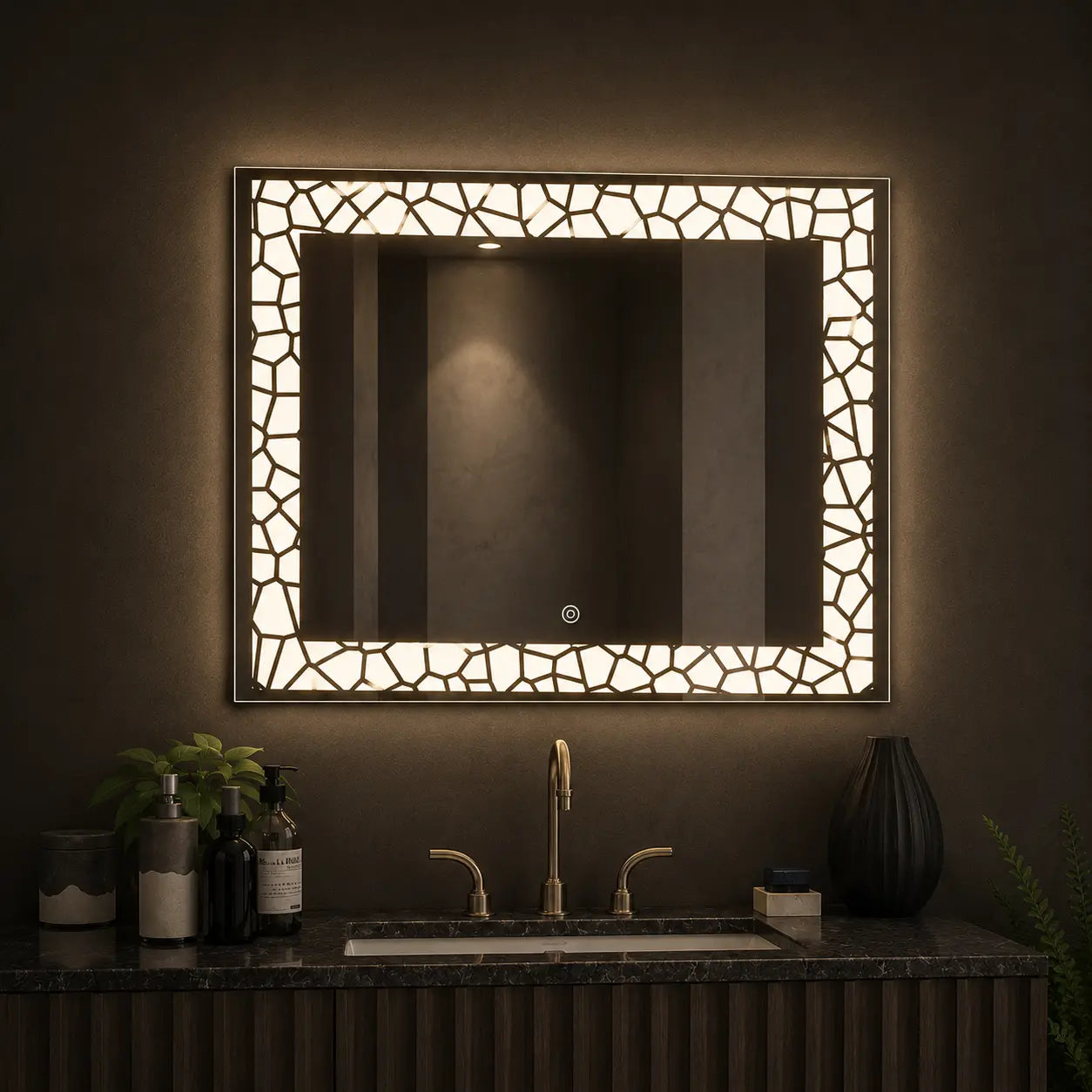modern led wall mirror with decorative patterned frame and rectangular lighted design