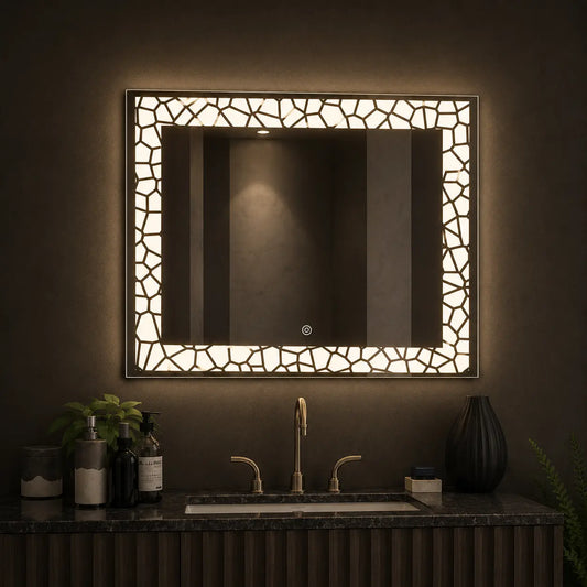 modern led wall mirror with decorative patterned frame and rectangular lighted design