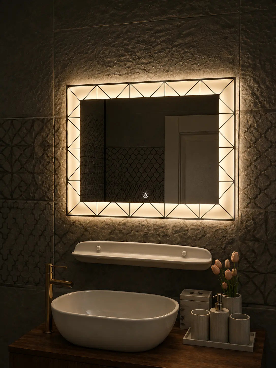 vanity mirror with decorative led frame and wide rectangular design