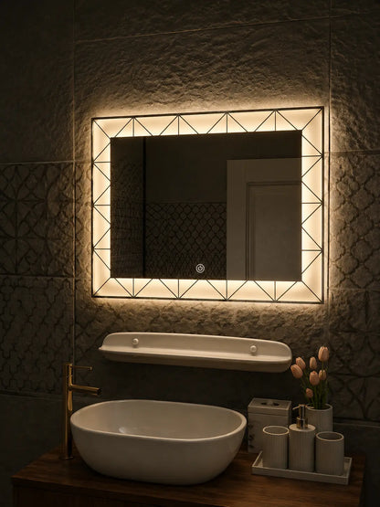 vanity mirror with decorative led frame and wide rectangular design