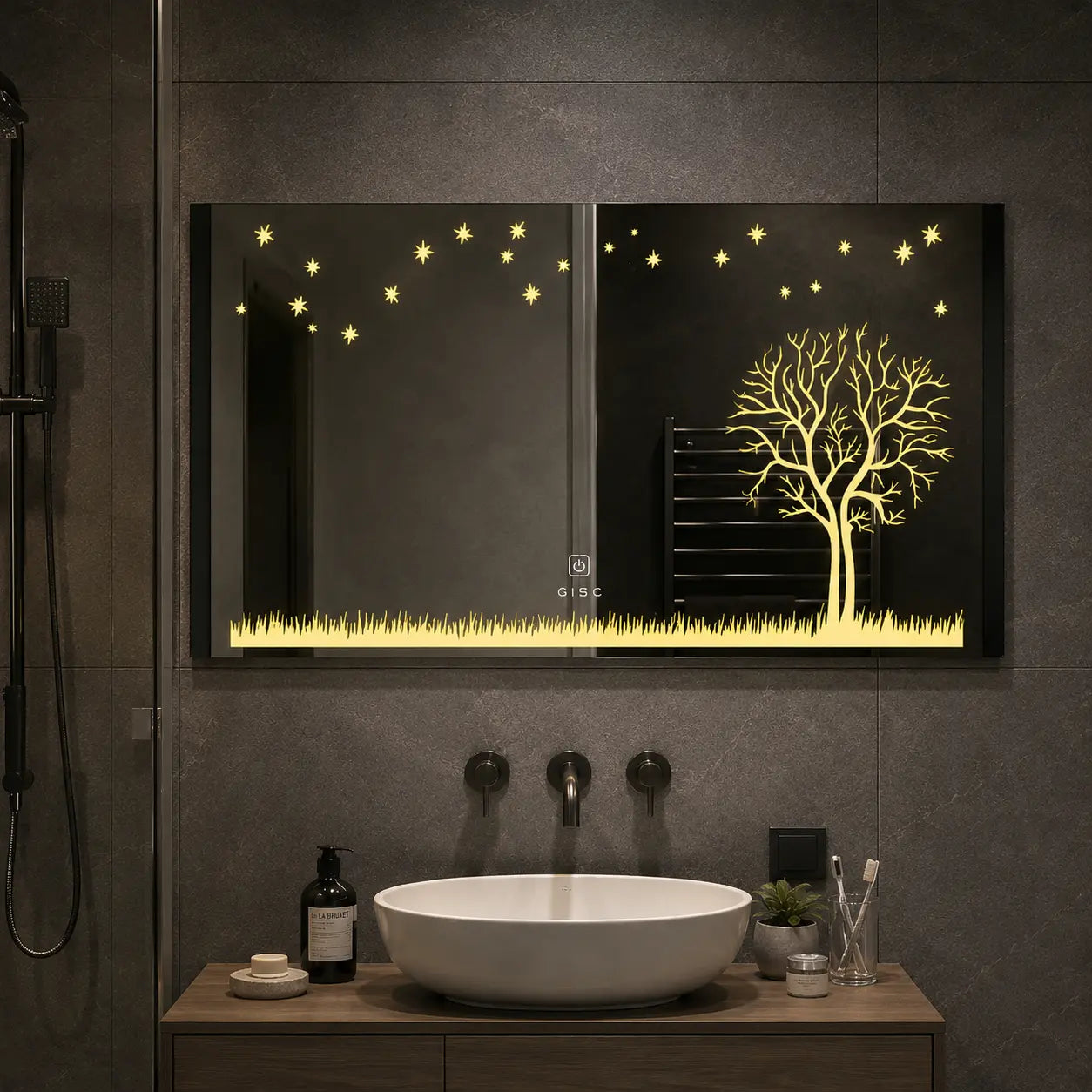bathroom mirrors lighted with decorative led tree design and wide wall mirror shape