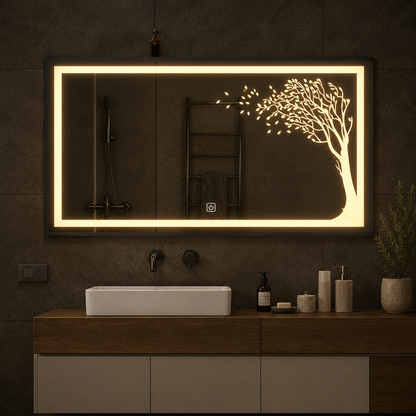 decorative wall mirror with led tree design and wide horizontal frame
