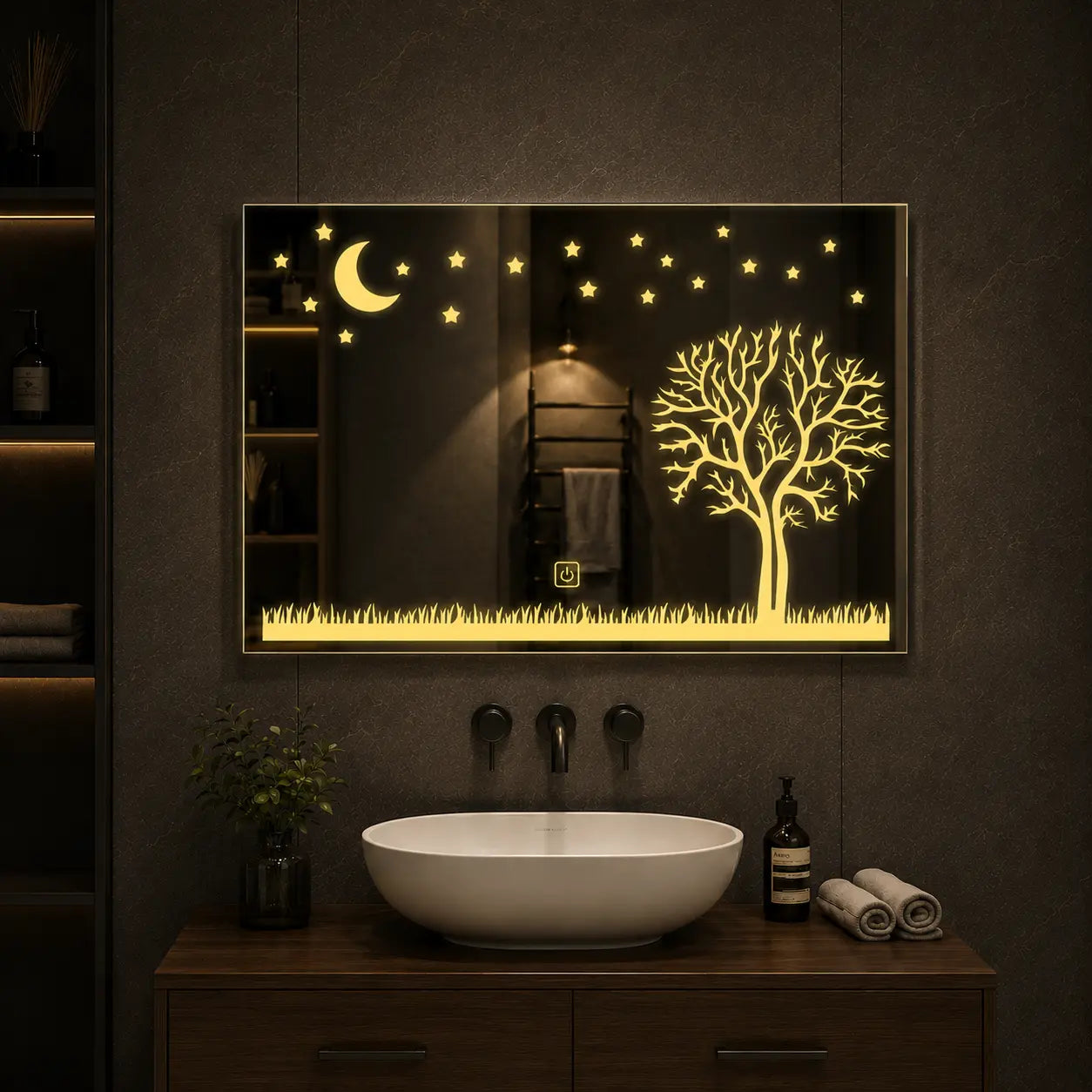decorative led mirror with tree moon and star light design in wide frame