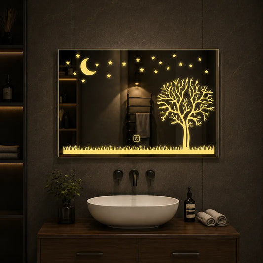 decorative led mirror with tree moon and star light design in wide frame