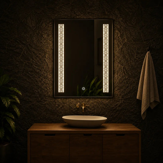 lighted wall mirror with decorative led side panels and vertical frame design