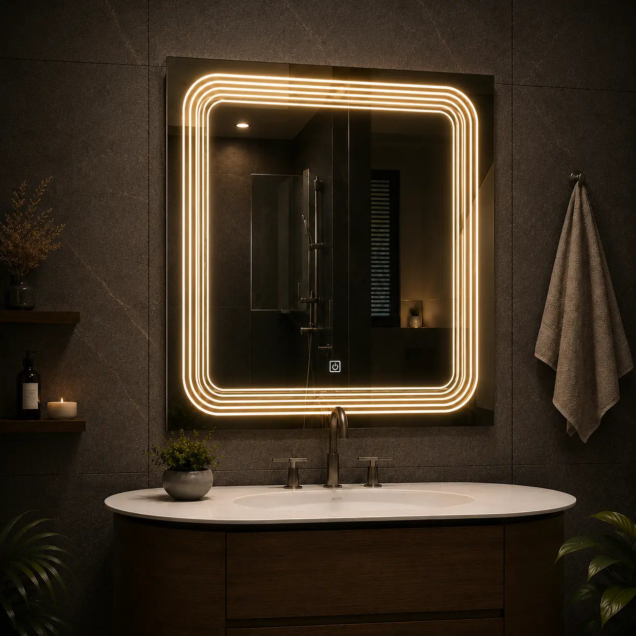 modern mirror with lights and layered rounded led frame design