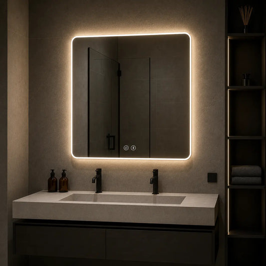 bathroom mirror lights with rounded led frame for modern vanity wall