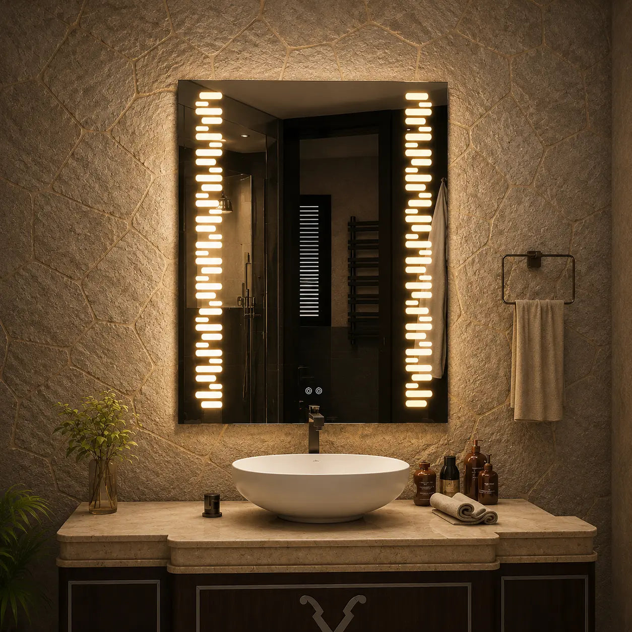 modern vanity mirror with lights and vertical led side illumination