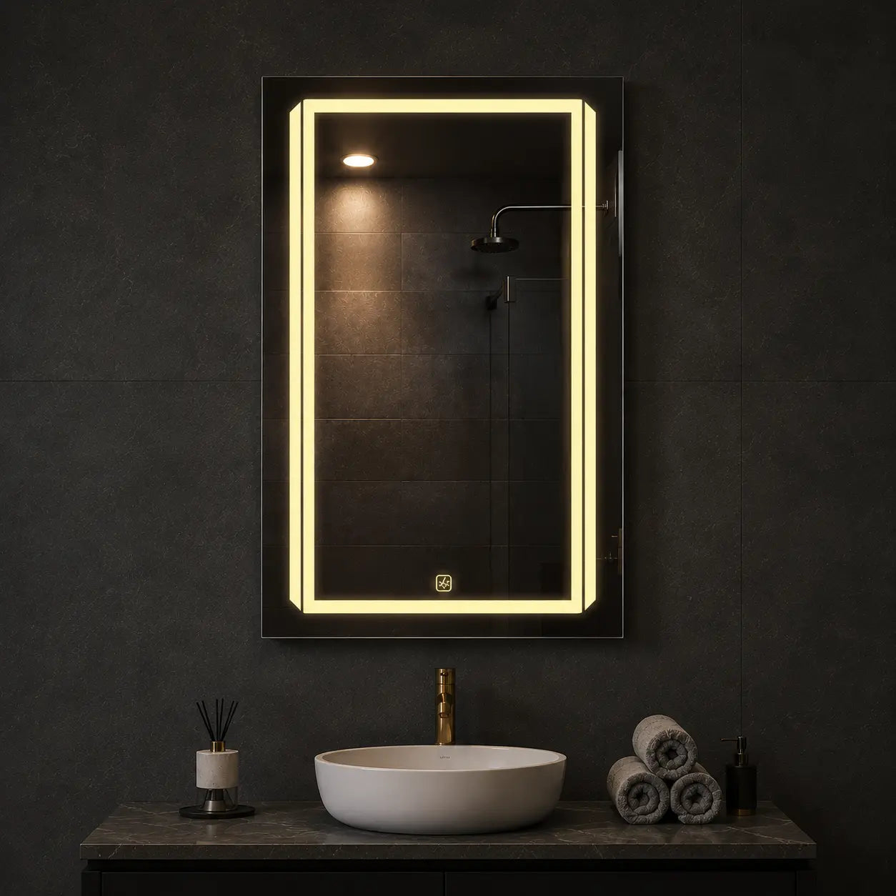 modern wall mirror with rectangular led frame for bathroom vanity