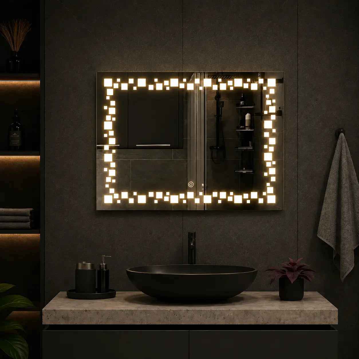 vanity mirror with decorative led frame and wide rectangular design