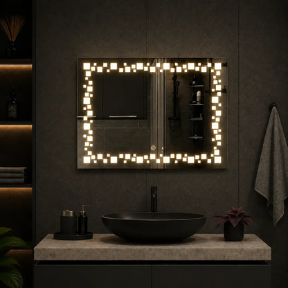 vanity mirror with decorative led frame and wide rectangular design