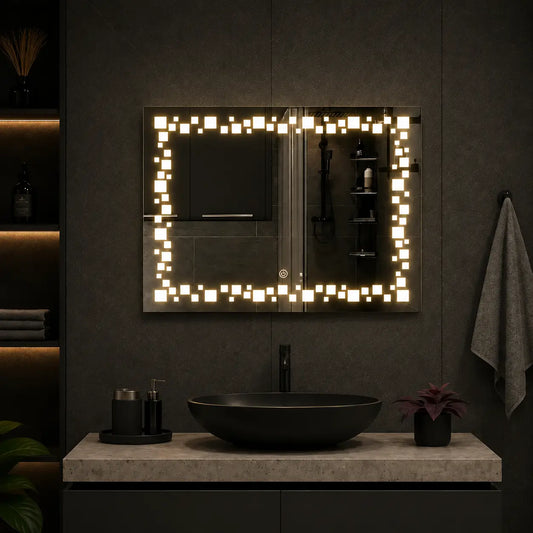 vanity mirror with decorative led frame and wide rectangular design