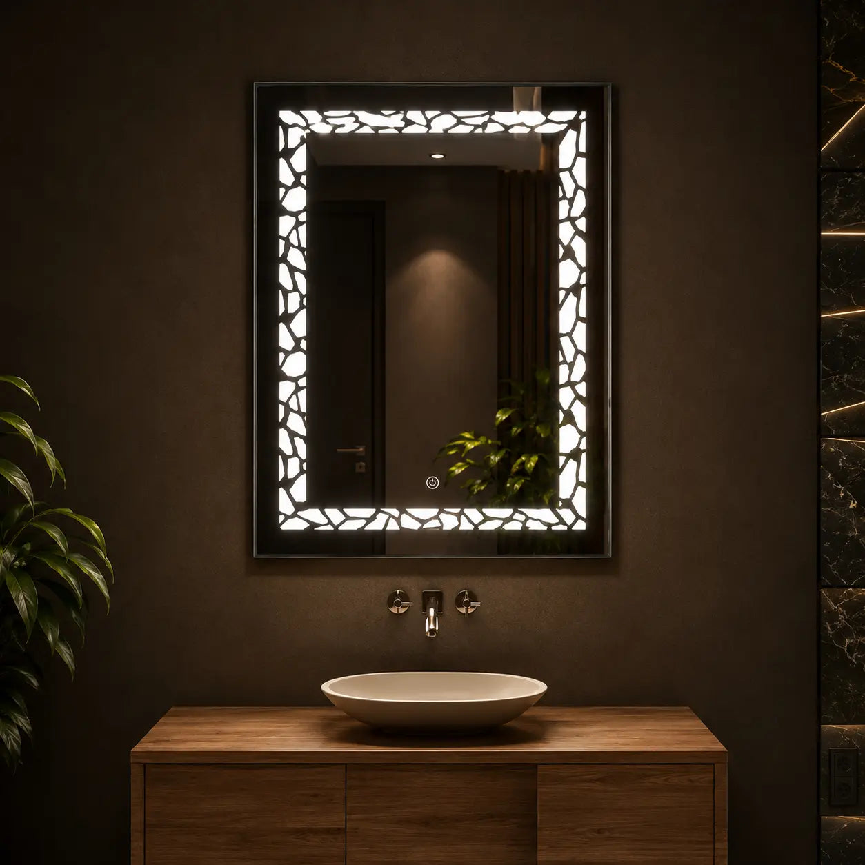 illuminated wall mirror with decorative vertical led frame design