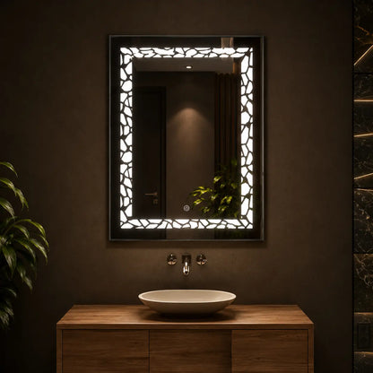 illuminated wall mirror with decorative vertical led frame design
