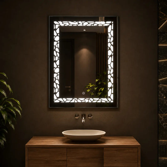 illuminated wall mirror with decorative vertical led frame design