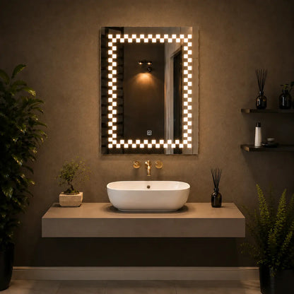 led light mirror with modern square illuminated frame for bathroom vanity