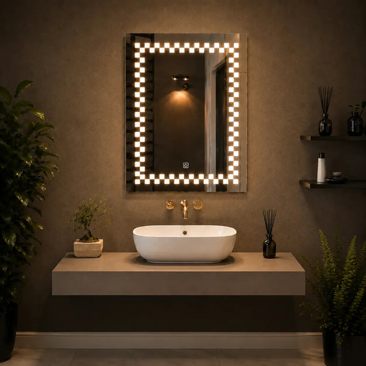 led light mirror with modern square illuminated frame for bathroom vanity
