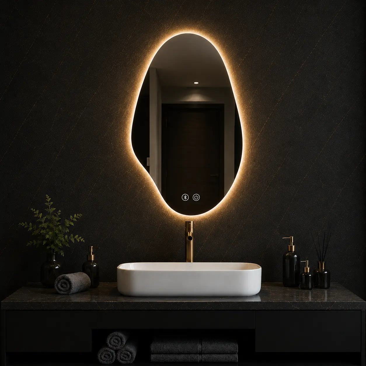 vertical decorative led wall mirror with soft warm light in dark modern bathroom