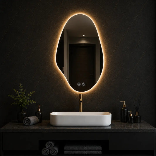 vertical decorative led wall mirror with soft warm light in dark modern bathroom