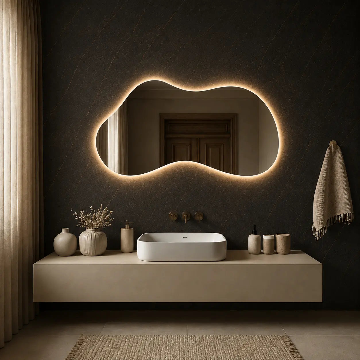 Asymmetrical Mirror with LED Light for Modern Walls