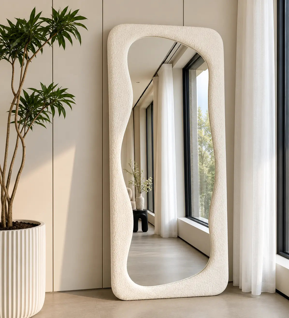 Modern floor standing mirror with wavy design for living room