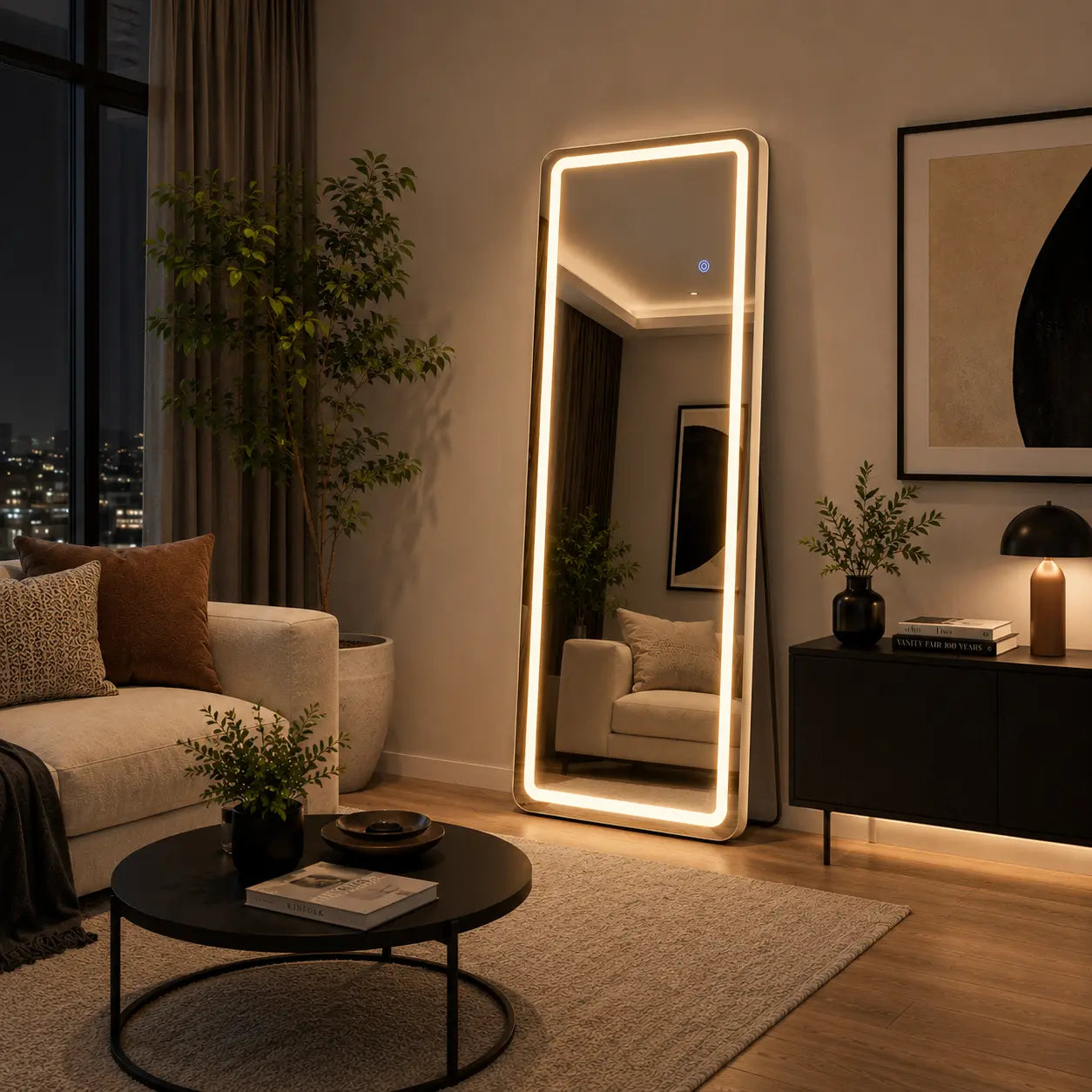 Large illuminated floor mirror in a dark bedroom setting