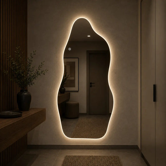 Full-length asymmetrical LED mirror with an irregular wavy silhouette and warm ambient backlighting, styled in a luxury modern dressing room reflecting a premium walk-in closet interior