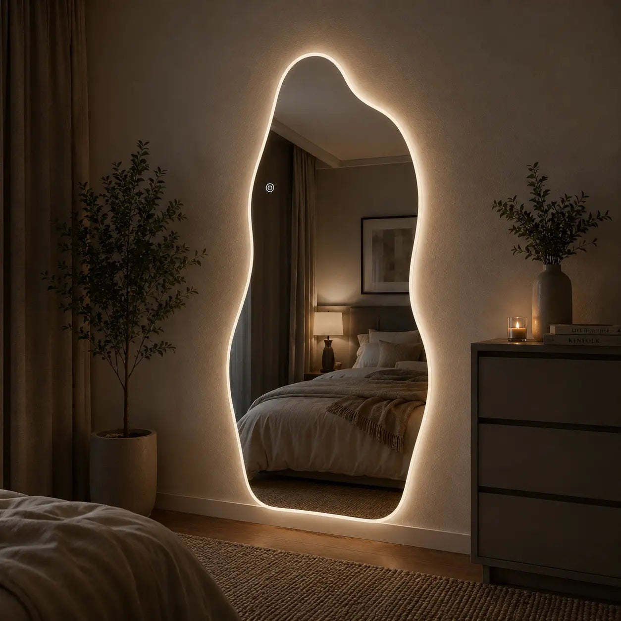 A pair of modern irregular-shaped LED mirrors with organic wavy frames and illuminated warm lighting mounted on a contemporary concrete texture wall in an upscale home decor setting