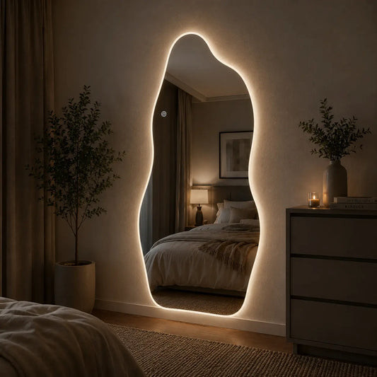 A pair of modern irregular-shaped LED mirrors with organic wavy frames and illuminated warm lighting mounted on a contemporary concrete texture wall in an upscale home decor setting