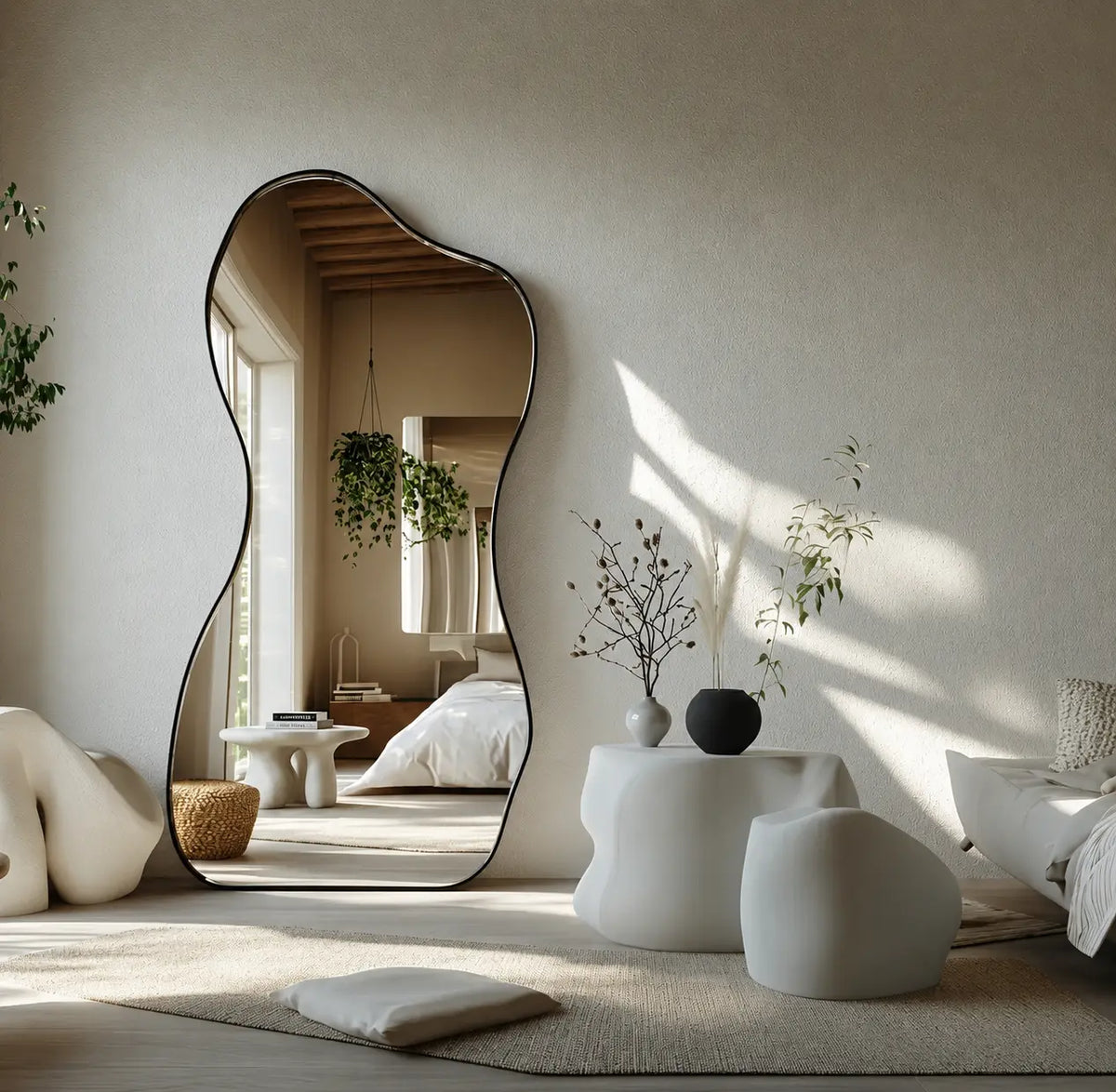 Decorative organic wall mirror for contemporary bedroom interior