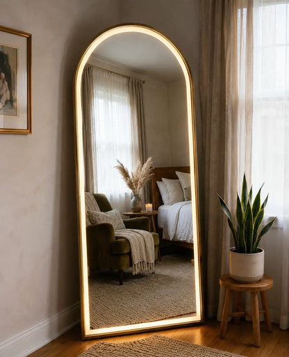 Full length standing LED mirror with warm lighting for dressing room