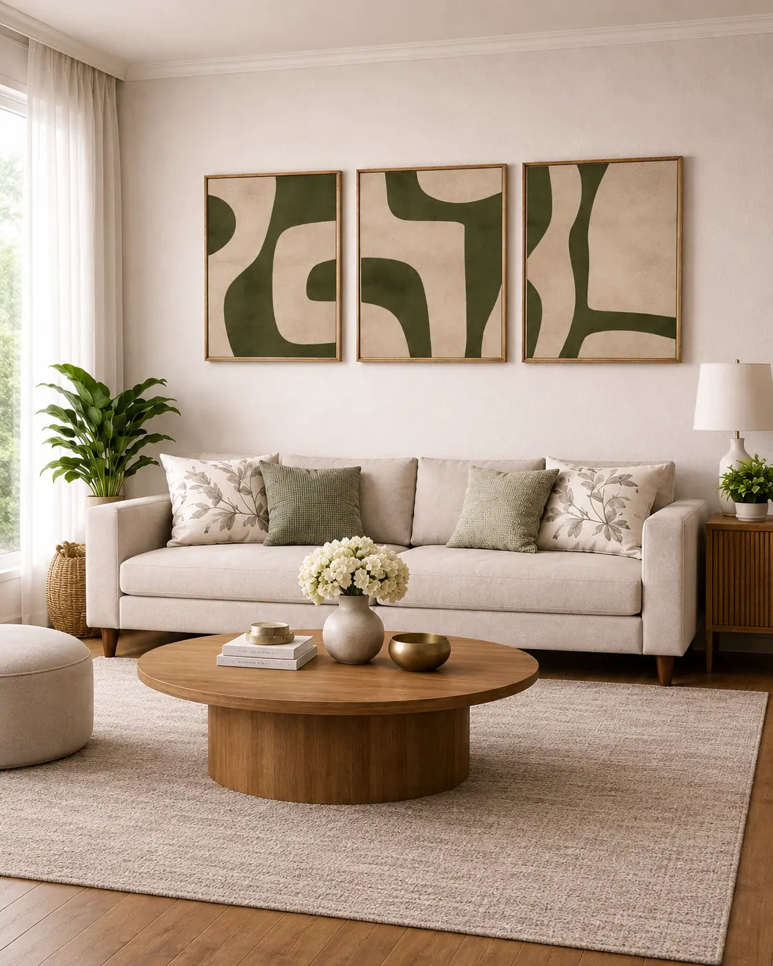 wall decor wood with green abstract framed panels above living room sofa wall