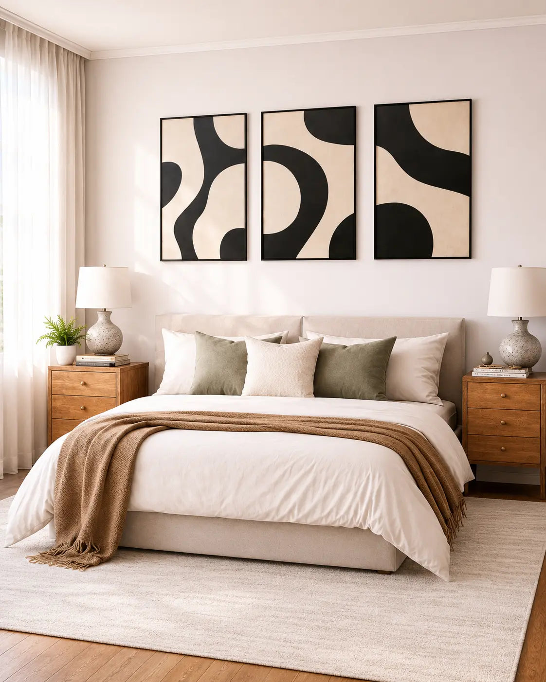 modern room decor with monochrome abstract framed panels above bedroom wall