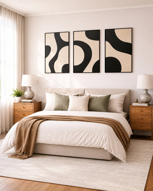 modern room decor with monochrome abstract framed panels above bedroom wall
