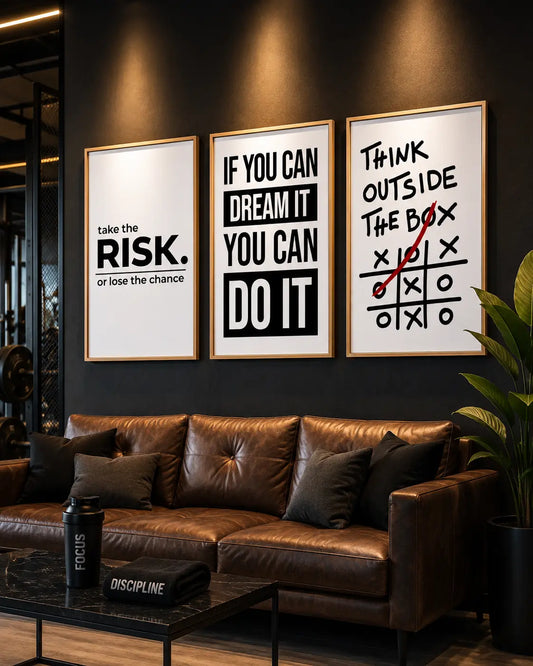 White motivational wall frames decor with quote posters for living room office interior