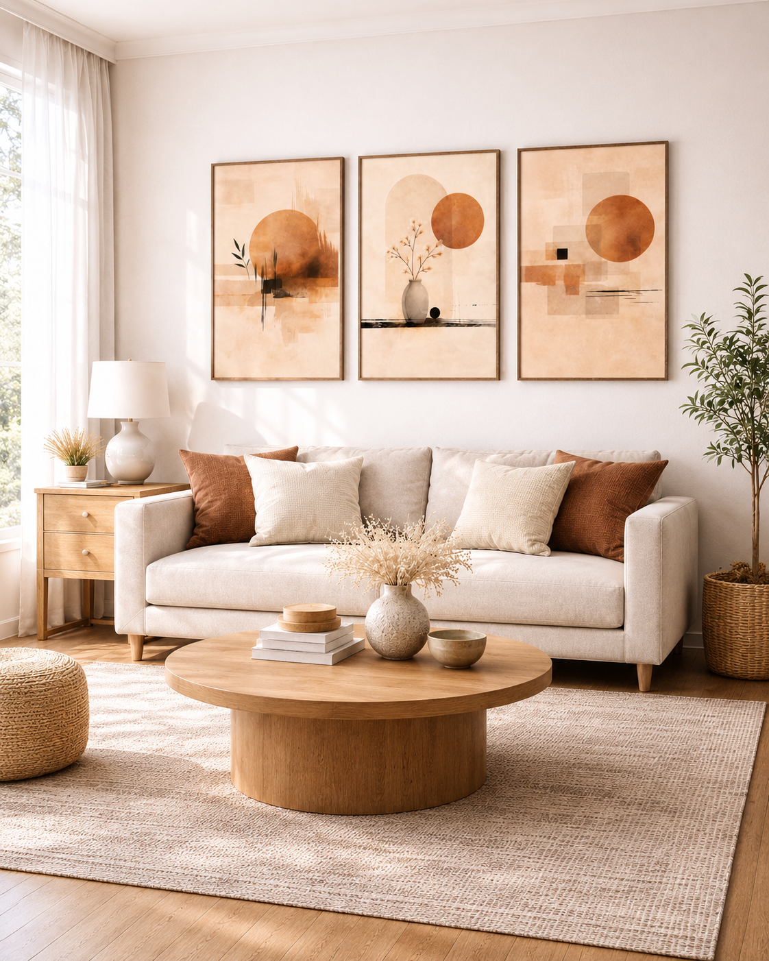 living room wall art decor with warm abstract framed panels above sofa wall