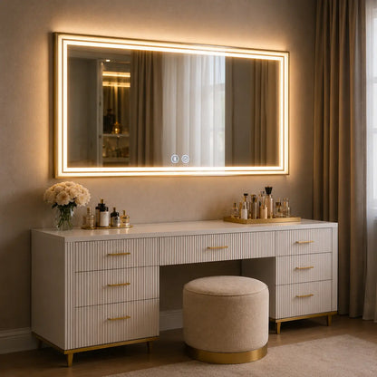 modern bedroom dressing mirror with LED lights vanity setup